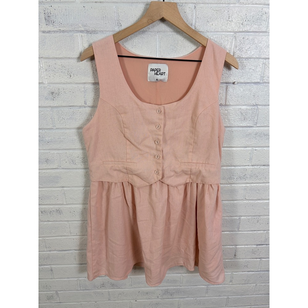 Paper Heart Mini Dress Womens XL Peach Linen Blend Button Front Babydoll Boho